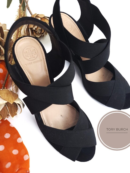 Tory Burch Shoes - Tory Burch Black Crisscross Open-Toe Slingback Heels Sz 8m